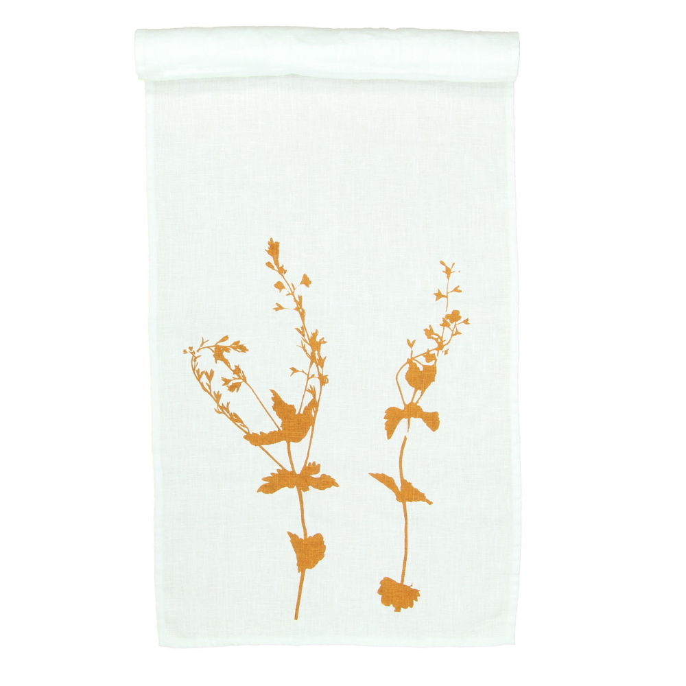 Elegante Tischläufer aus 100% Leinen mit weißer Wildblume
