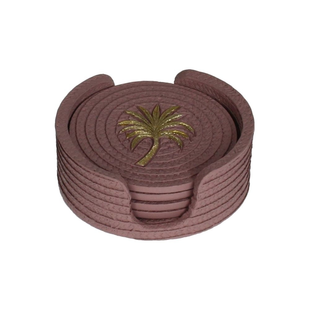 Sechs Untersetzer für Getränke aus Polyresin, Untersetzer im Set mit Halterung zum Lagern der Untersetzer, dunkle Rosa Farbe, mittig goldene Palme