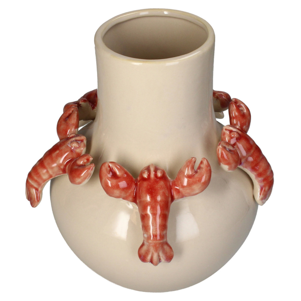 Beige Keramikvase unten rund und wölbig ob schlank, rundum im Kreis besetzt mit 3D Hummern mit realistischer roter Glasierung