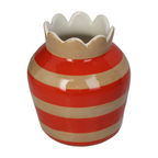 Ovale Deko Vase horizontal gestreift in rot und beige mit einer Blumenartigen öffnung