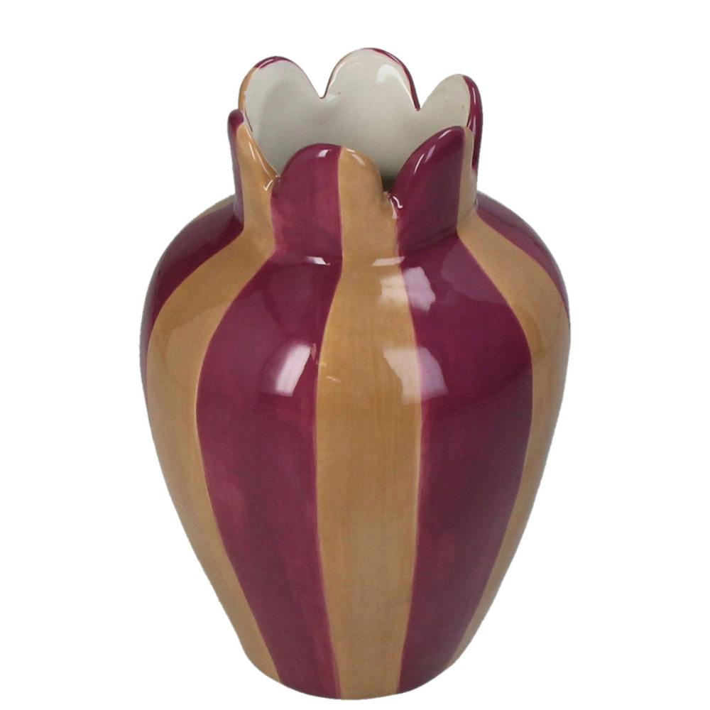 Ovale Deko Vase vertikal gestreift in lila und beige mit einer Blumenartigen öffnung
