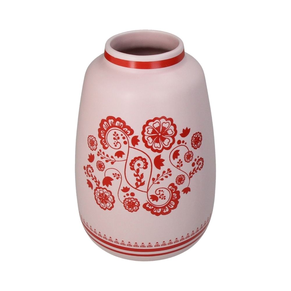 Gewölbte Vase in sanftem Rosa, rote Blumenmalerei, traditionell skandinavisch, oben und unten rote Muster rundum aufgetragen, Höhe der Vase: 21,9 cm, Durchmesser der Vase: 14,4 cm
