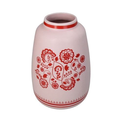 Gewölbte Vase in sanftem Rosa, rote Blumenmalerei, traditionell skandinavisch, oben und unten rote Muster rundum aufgetragen, Höhe der Vase: 21,9 cm, Durchmesser der Vase: 14,4 cm