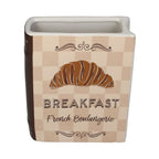 Vase aus Dolomit, Vase in Form eines Buches, Brauner Buchrücken, Titelseite in hellen beige Tönen kariert, großes Croissant Motiv und geschwungene braune Aufschrift: BREAKFAST French Boulangerie
