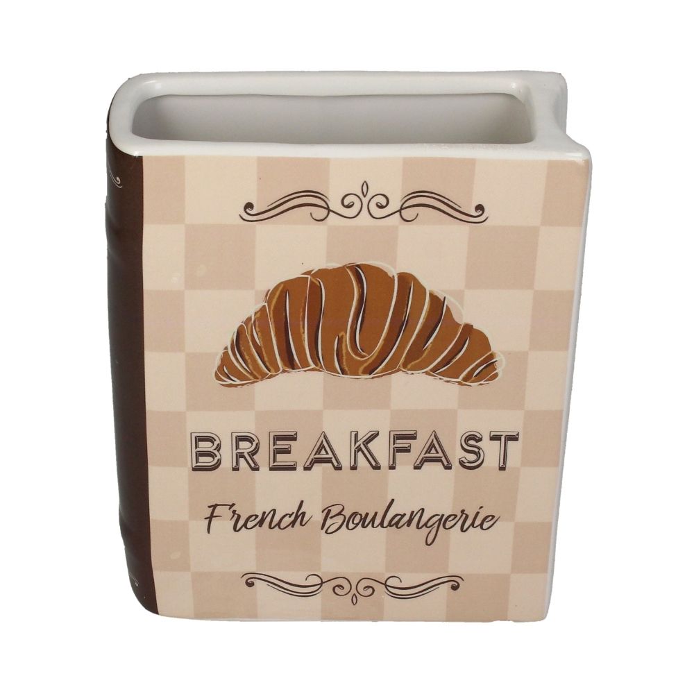 Vase aus Dolomit, Vase in Form eines Buches, Brauner Buchrücken, Titelseite in hellen beige Tönen kariert, großes Croissant Motiv und geschwungene braune Aufschrift: BREAKFAST French Boulangerie