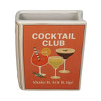 Vase in Form eines Buches, Vase aus Dolomite, Motiv: Cocktail Club, Beige Orange, weiße Aufschrift "Cocktail Club" "Skae It, Stir It, Sip!", drei Cocktails aufgemalt