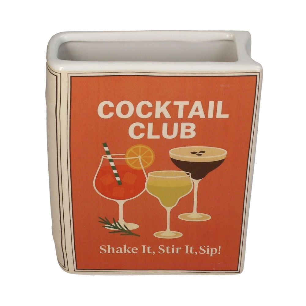 Vase in Form eines Buches, Vase aus Dolomite, Motiv: Cocktail Club, Beige Orange, weiße Aufschrift "Cocktail Club" "Skae It, Stir It, Sip!", drei Cocktails aufgemalt