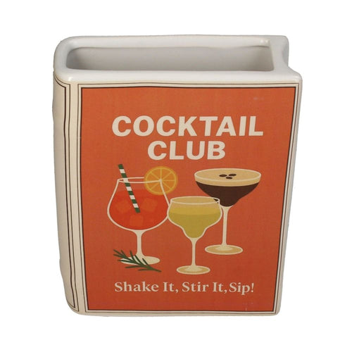 Vase in Form eines Buches, Vase aus Dolomite, Motiv: Cocktail Club, Beige Orange, weiße Aufschrift "Cocktail Club" "Skae It, Stir It, Sip!", drei Cocktails aufgemalt