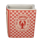 Vase aus Dolomit in Form aeines Buches, Rot und hellrot kariert, Vintage Etikett in der Mitte mit maritimen Motiv, Rote Aufschrift: LOBSTER SEAFOOD, Fresh from the Ocean, Est.1969, großer roter Hummer