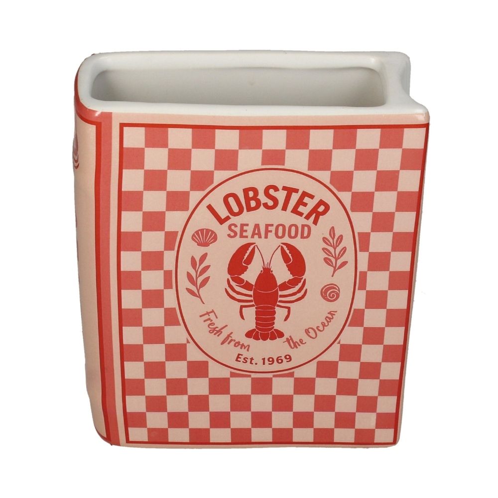 Vase aus Dolomit in Form aeines Buches, Rot und hellrot kariert, Vintage Etikett in der Mitte mit maritimen Motiv, Rote Aufschrift: LOBSTER SEAFOOD, Fresh from the Ocean, Est.1969, großer roter Hummer