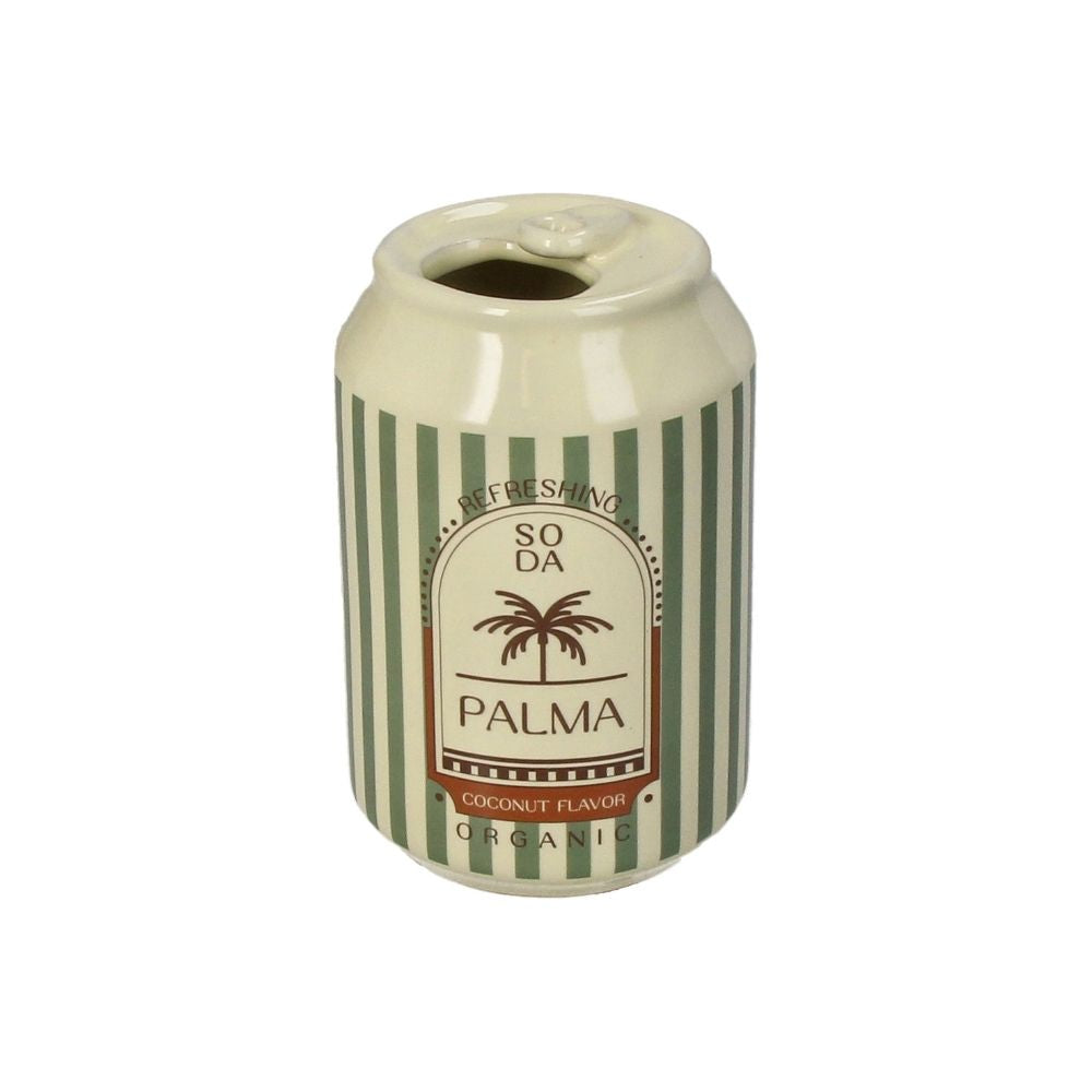Vase in form einer Dose, gestreift in grün und weis mit einem Coconut label "Palma"