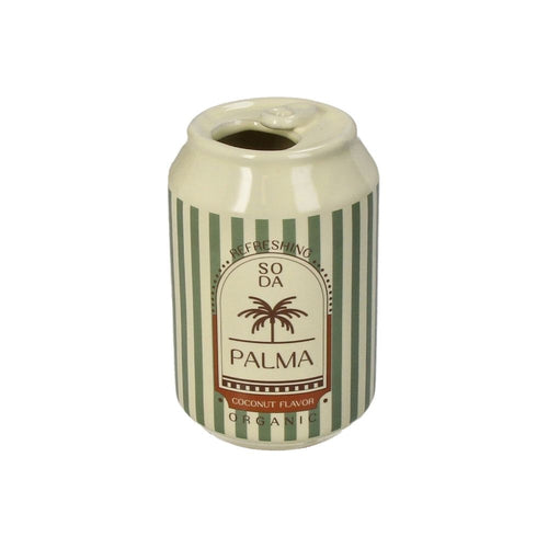 Vase in form einer Dose, gestreift in grün und weis mit einem Coconut label "Palma"