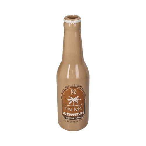 Braune Keramikvase Limonadenflasche in retro braunen Tönen mit retro Etikett, Aufschrift: Refreshing Soda Palma Coconut Flavor Oraganic, Design mit Palme