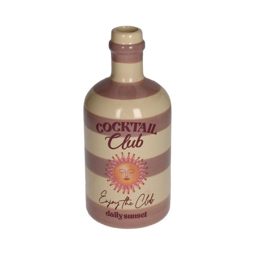 Vase in form einer flasche,gestreift mit der Schrift "Cocktail club daily sunset" und einer aufgedruckten Sonne