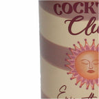 Nahaufnahme des Drucks der Sonne und der Schrift von der gestreiften Vase in form einer Flasche