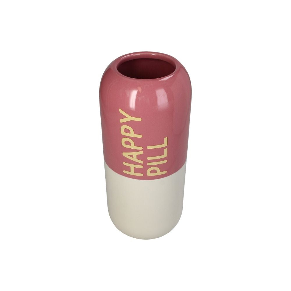 Pillen förmige Vase aus Steingut, Hälfte rosa, Hälfte beige, gelbe Aufschrift "HAPPY PILL"