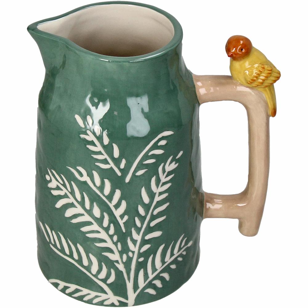 Geneigte Ansicht auf die vase mit Henkel und Vogel