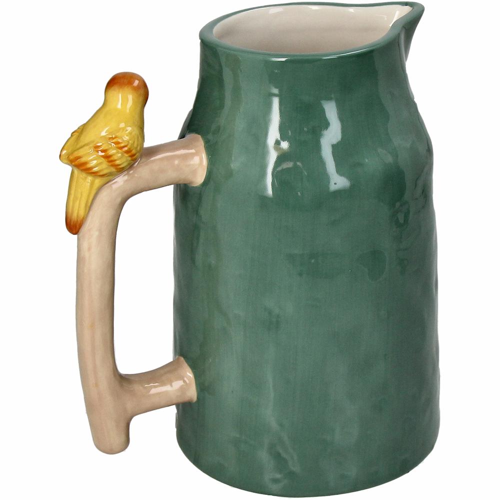 Rückseite der gruenen Vase mit Henkel und Vogel