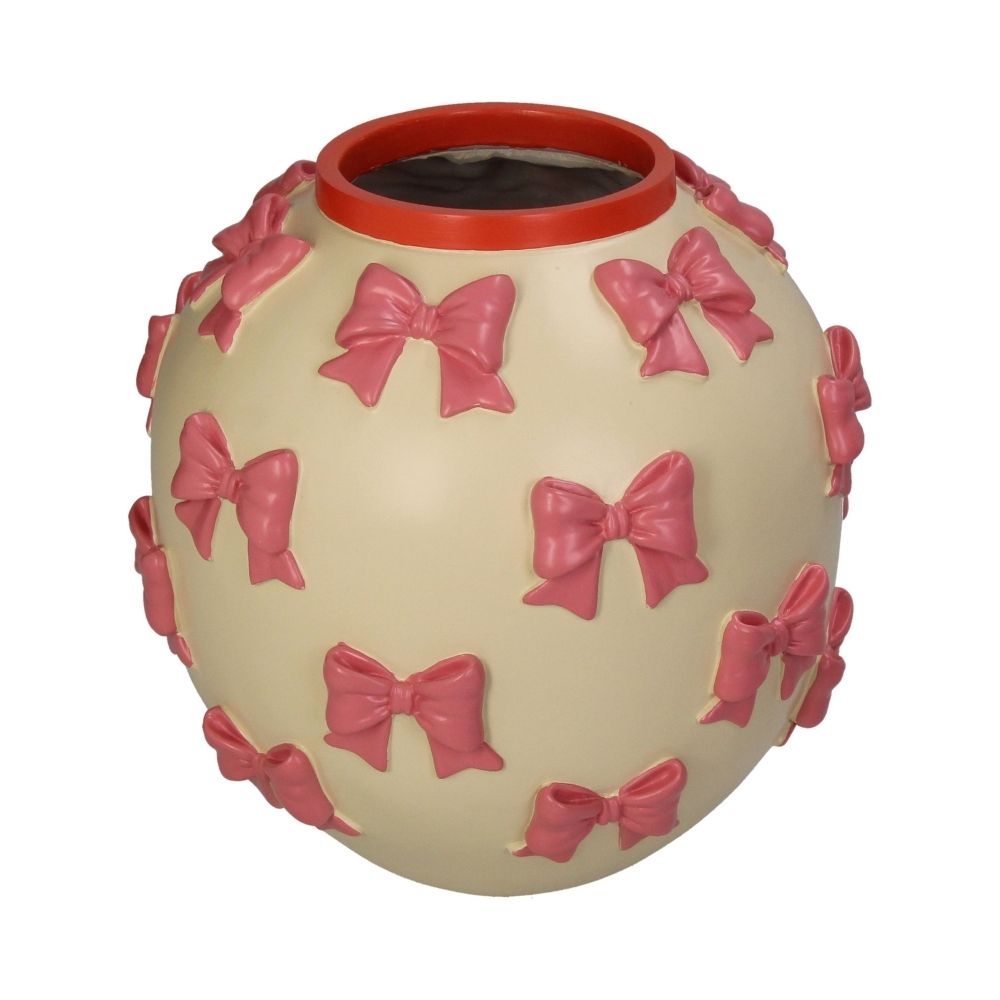Runde Kugelförmige Deko Vase aus Polyresin, beige Grundfarbe mit vielen rosanen 3D Schleifen, Öffnung oben mit rotem Rand 