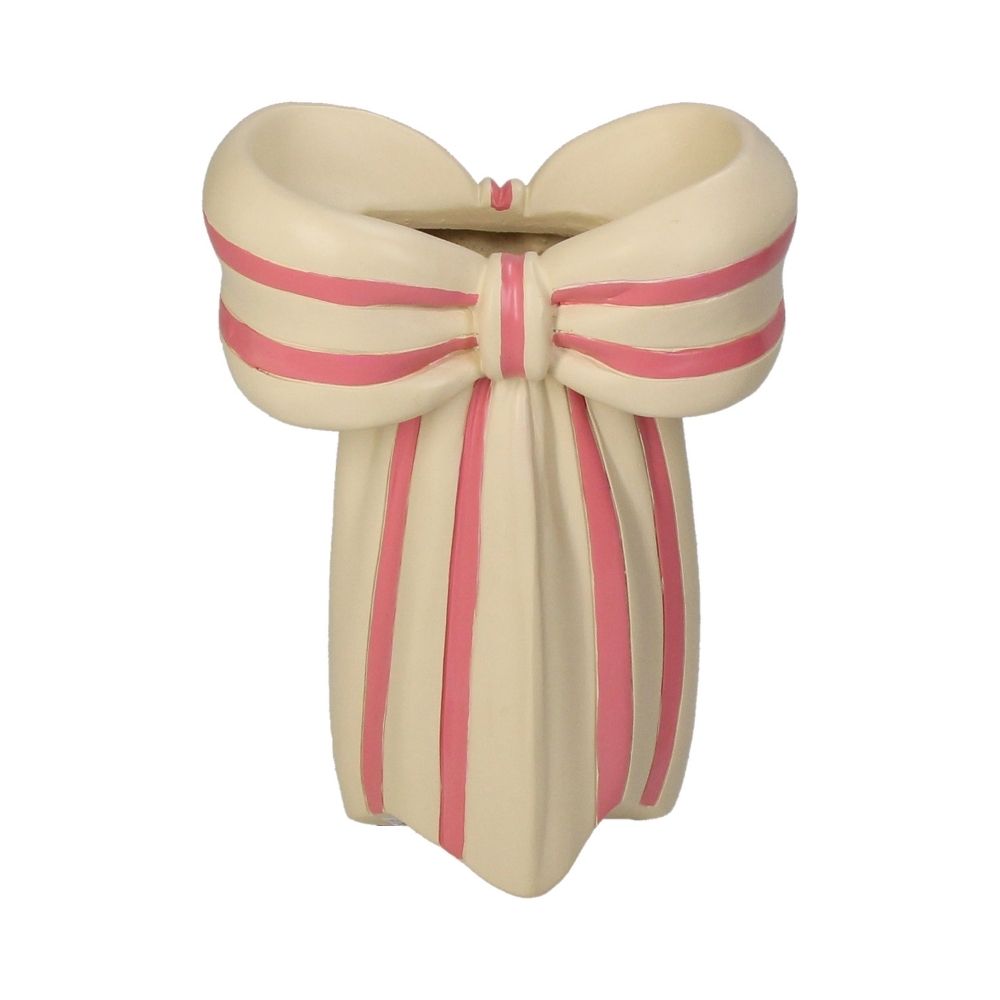 Vase aus Polyresin in Form einer großen Schleife, Grundfarbe ist Beige, auf der Schleife sind rosane Streifen als Highlights, große 3D Geschenkschleife als Deko Vase