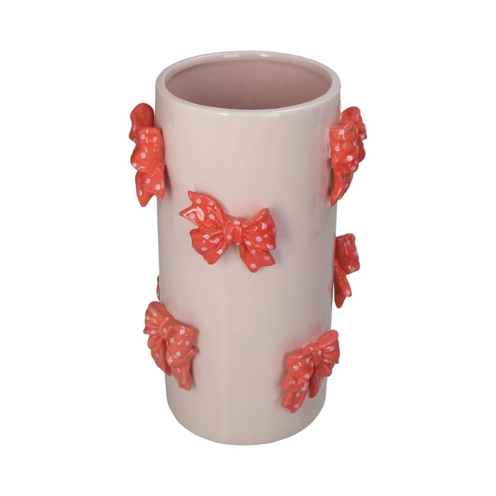Deko Vase in Zylinder Form in hellem Rosa, Vase mit mehreren 3D Schleifen in intensivem Orange, rosa gepunktet
