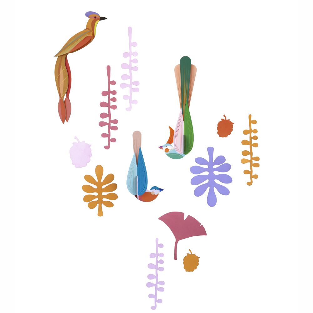 Tropische Paradiesvögel in bunten Farben mit exoischen Pflanzen Wanddekoration Set 3D 