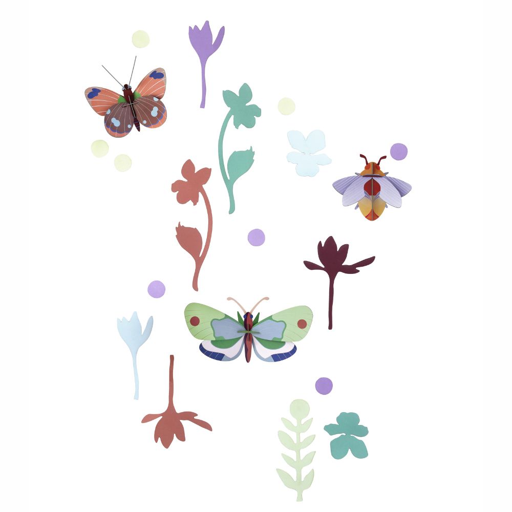 Wanddeko Set bunte Schmetterlinge und Pflanzen aus Recyclingkarton 