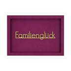 Rechteckige Aubergine farbige Wanddekoration mit der Schrift "Familienglück" in Hellgelb