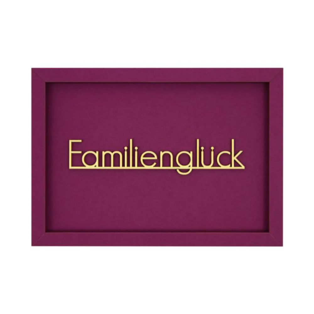 Rechteckige Aubergine farbige Wanddekoration mit der Schrift "Familienglück" in Hellgelb