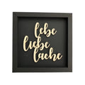 Schwarze Quadratische Wanddekoration Wandspruch mit der Schrift "Lebe Liebe Lache"