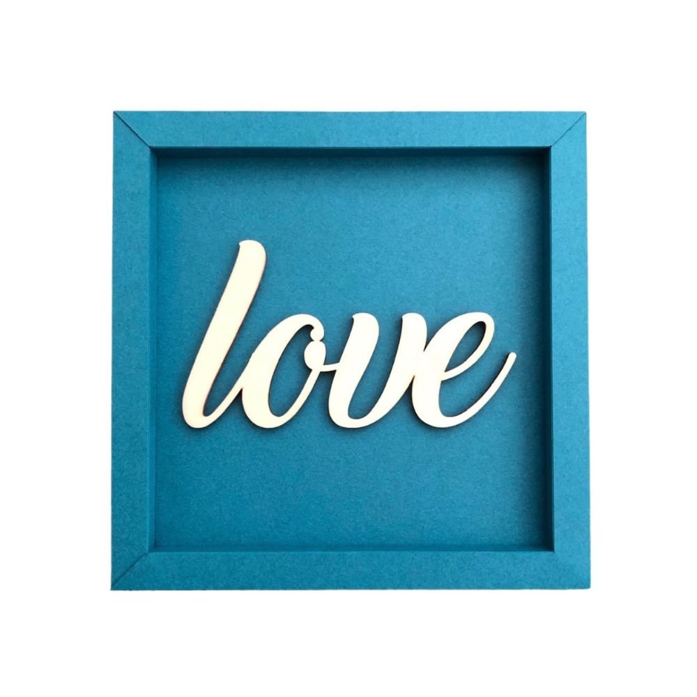 Quadratischer Papp-Bilderrahmen in Petrol mit der Schrift "Love"