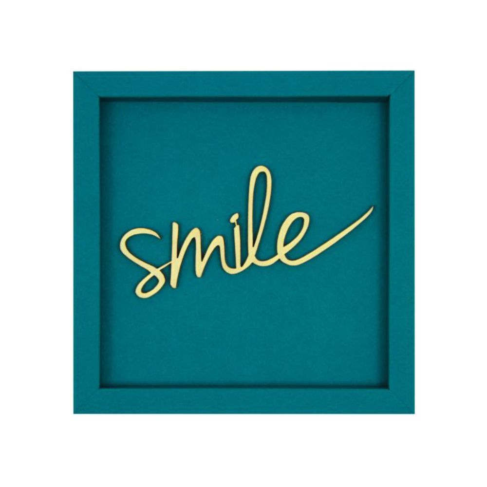 Quadratische Wanddekoration in Petrol mit der Gelben Schrift "Smile"