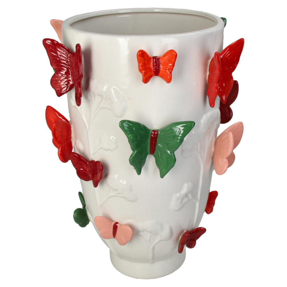 Weiße Deko Vase mit 3D Angebrachten in den farben Orange Rot, pink und grün gefärbten Schmetterlingen