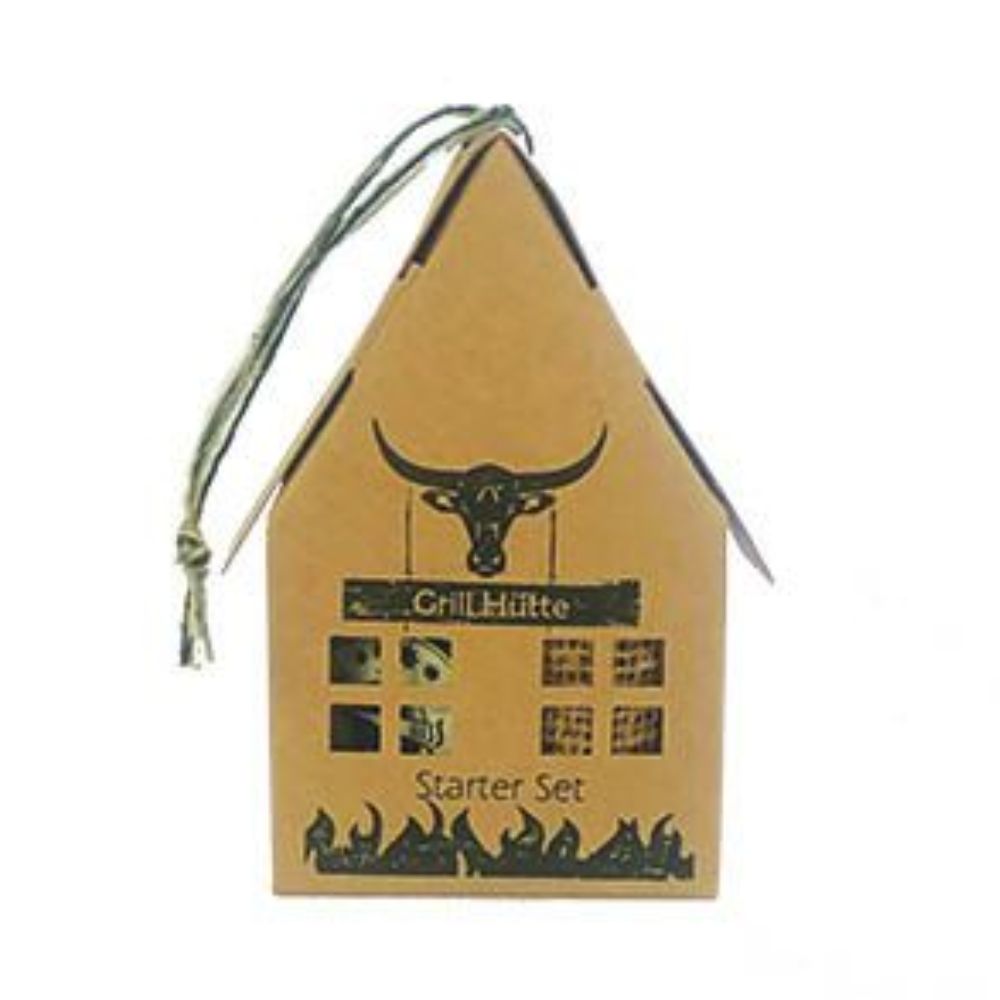 Ein Grill Starterset von Wundele mit einem fedruckten Bullenkopf sowie ein Flaschenöffner, Grillanzünder und Grillgebet