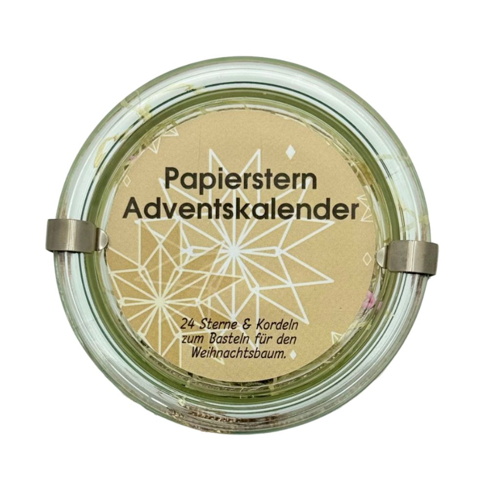 Stern Adventskalender im Weckglas mit  Weckglas mit 24 Lochsternen,Nadeln zum Fädeln,unterschiedliche Kordeln zum Fädeln