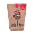Braune Wundertüte mit der Aufschrift "Danke Mama", verziert mit einem aufgedruckten Blumenstrauß und kleinen Filzblumen
