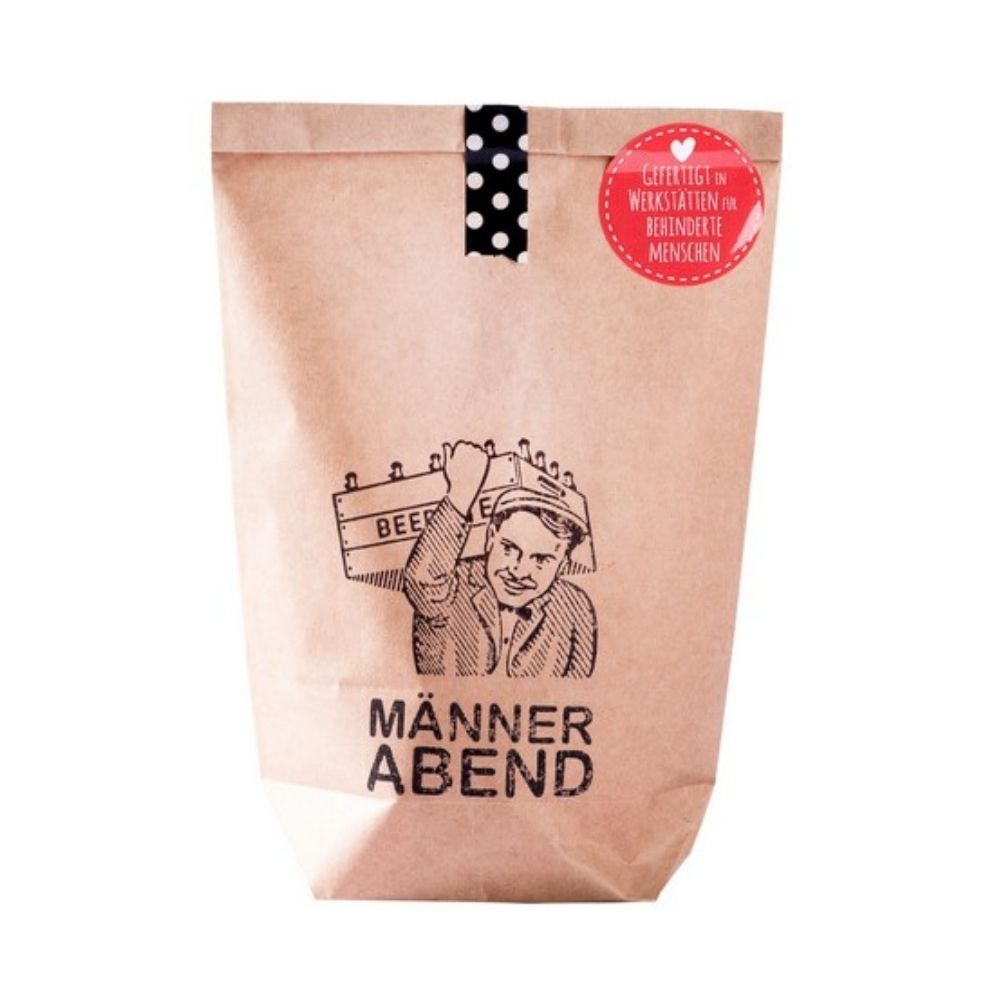 Wundertüte mit einem aufgedruckten Mann, der eine Bierkiste trägt und der Aufschrift "Männer Abend"