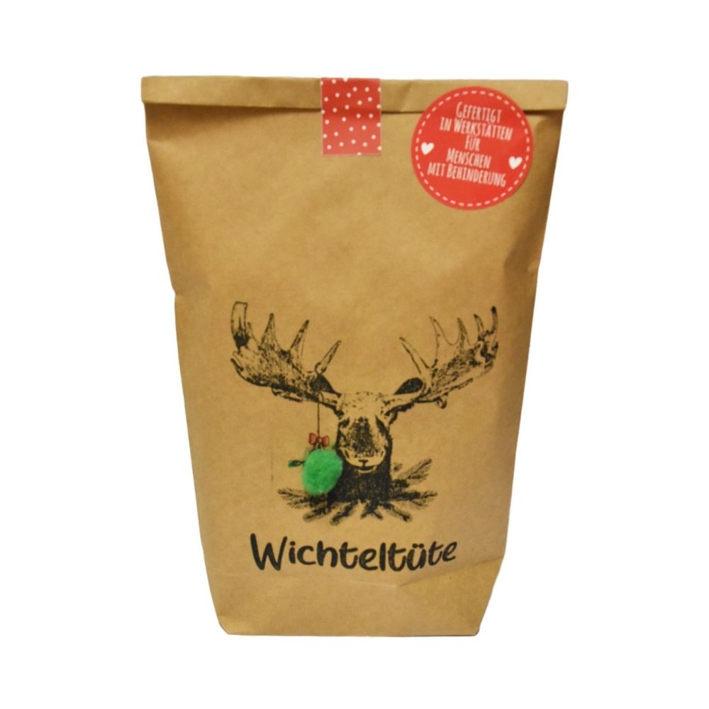 Braune Wundertüte mit einem aufgedruckten Schwarzen Kopf eines Hirsches mit der Schrift "Wichteltüte"