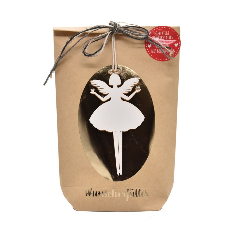 Braune Wundertüte mit einem Goldenen Oval in der ein Weißer Engel abgebildet ist mit Heiligenschein und kleinen Herzen aus funkelndem Gold. Unten steht auch eine Schrift "Wunscherfüller" in Gold