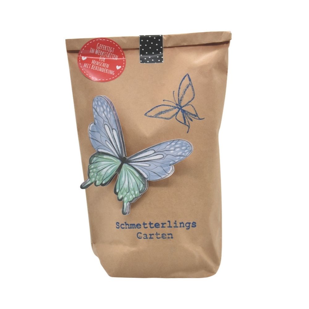 Braune Wundertüte mit der Schrift "Schmetterlings Garten" und aufgeklebten Schmetterlingen