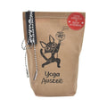 Braune Wundertüte auf der eine schwarze Katze ein Fischglas hochhält mit der Schrift "Yoga Auszeit"