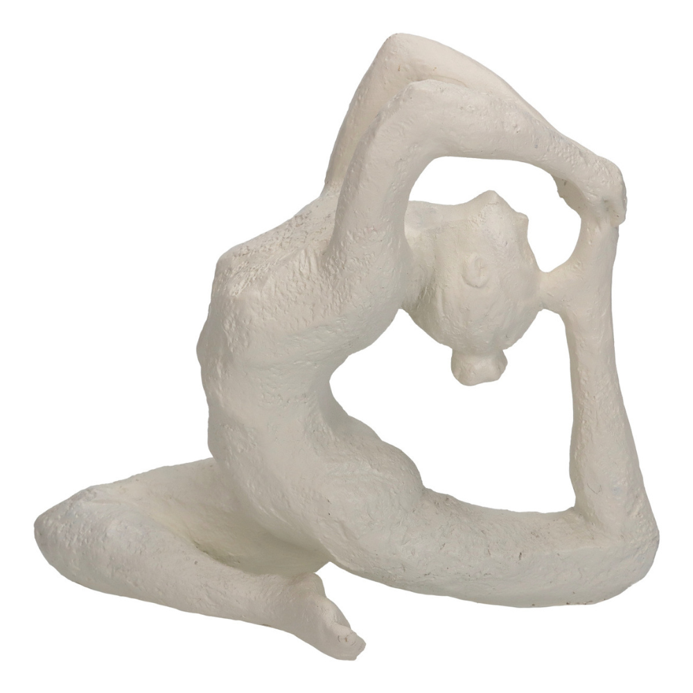 Seitliche Ansicht der Skulptur/ Figur in Form einer Frau, die eine Yoga Pose (Eka Pada Rajakapotasana) einnimmt