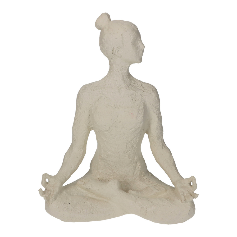 Skulptur/ Figur in Form einer Frau, die eine Yoga Pose (Sukhasana) einnimmt