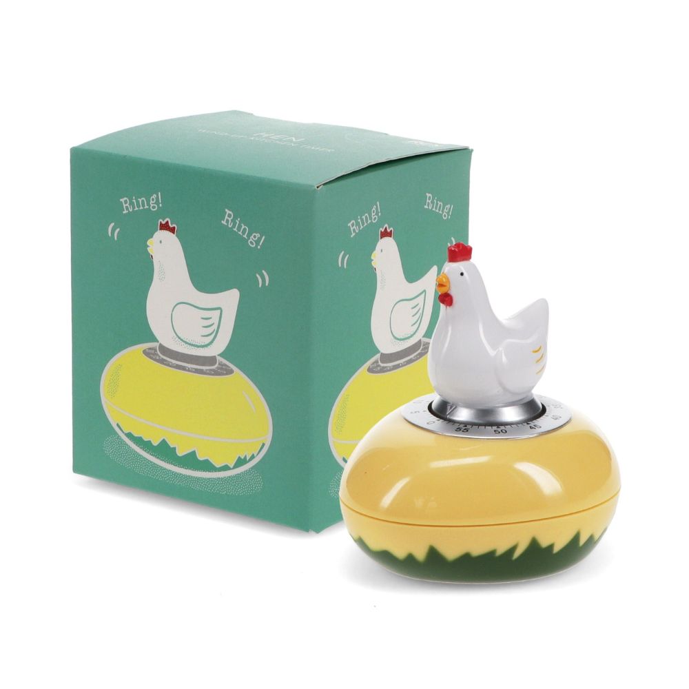 Aufziehküchentimer, kleines weißes Huhn auf gelben Podest mit illustriertem Gras, Hahn kann gedreht werden um den Aufzieh timer aufzuziehen, geliefert in grüner stilvoller Verpackung mit niedlichen Hahn illustrationen