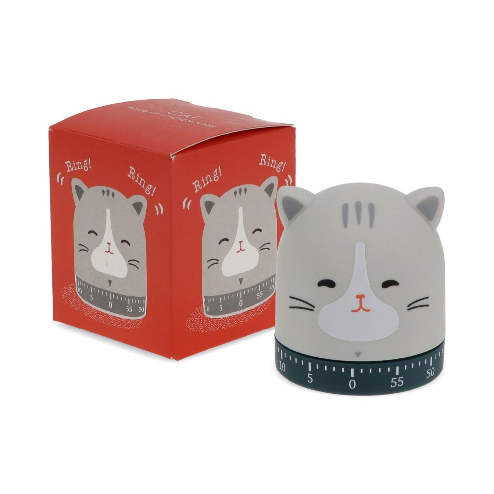 Niedliche gestalteter Aufzieh Küchentimer in Katzen Design, graue Katze mit niedlichem Gesichtsausdruck, drehmechanismus unten in schwarz, verpackt in roter Karton Box die mit weiteren Katzen illustrationen bedruckt ist