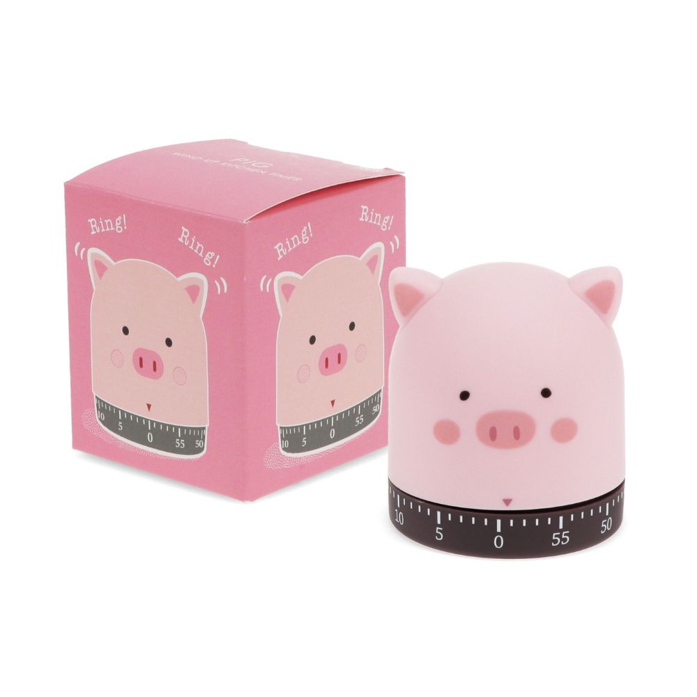 Rosener Aufziehküchentimer, mechanischer Aufziehmechanismus, niedliches Schweinchen Design, Drehmechanismus in dunkelbraun bzw. schwarz