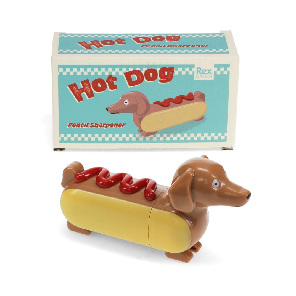 Bleistift Anspitzer in Hot Dog Form Die Wurst des Hot Dogs ist ein Dackel, witziges Motiv, Spitzer wird in Retor Karton Box geliefert mit retro Blau und Rot tönen