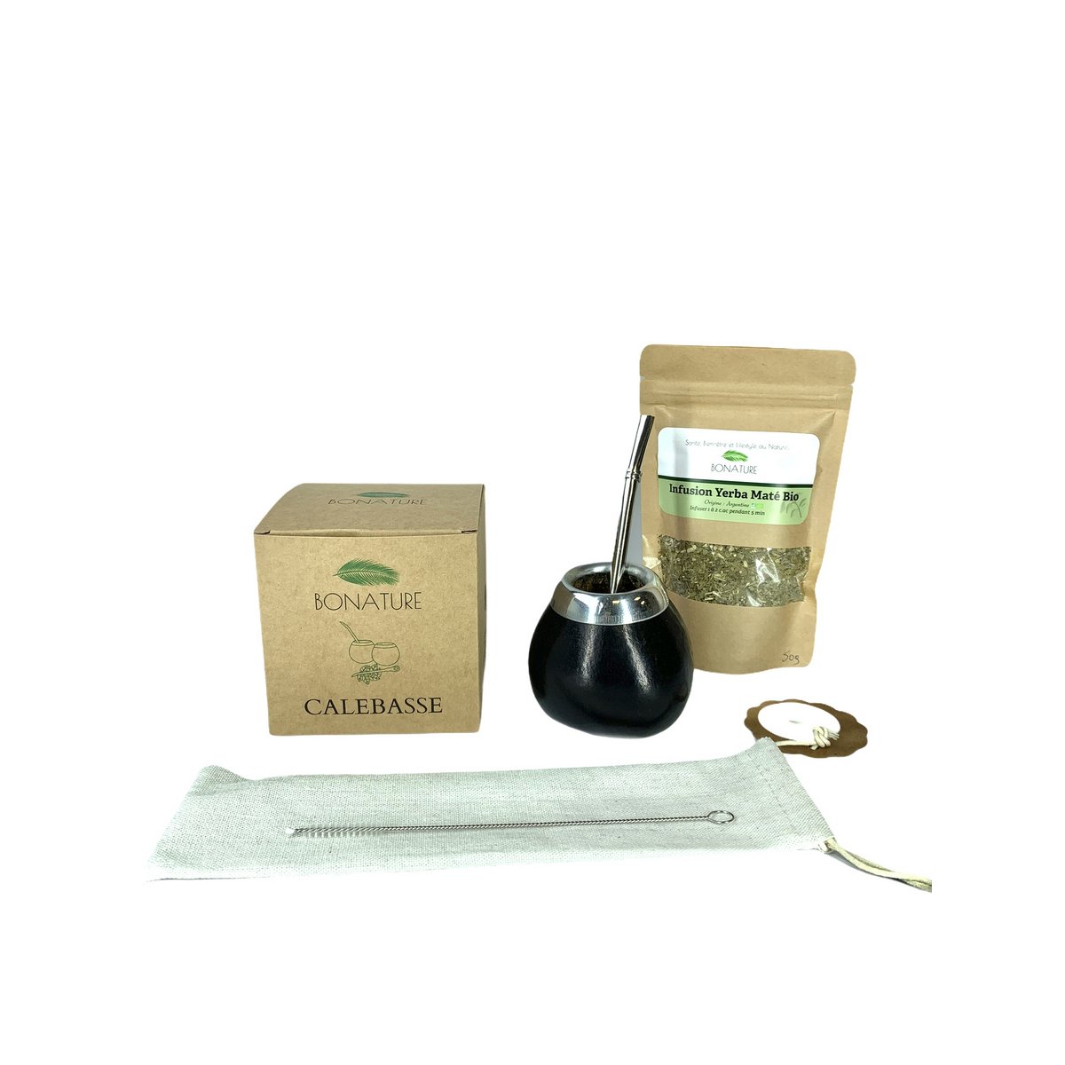 Komplettes Mate-Kit: Kalebasse + Bombilla + yerba maté