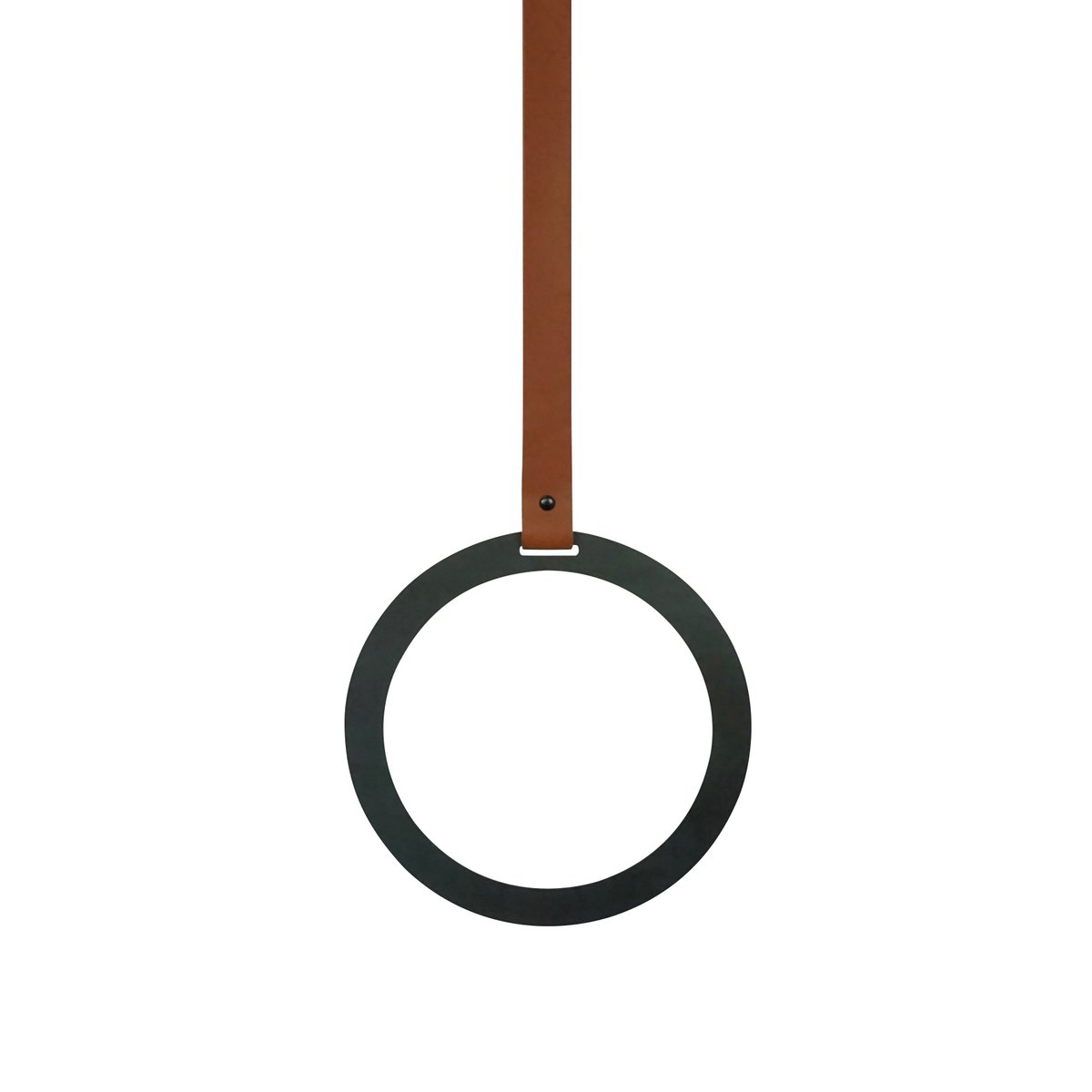 Ein Stahlringhalter, befestigt mit einem braunen Lederriemen, der seinerseits an der Wand befestigt ist