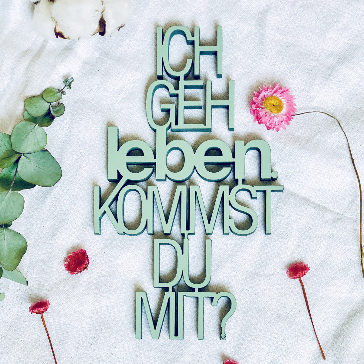 Türkiser Dekorations Holzschriftzug mit dem Text "Ich geh leben. kommst du mit?"